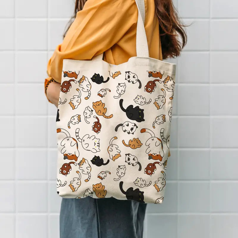 Geantă de mână tip "Tote Bag" din pânză, imprimeu cu pisici