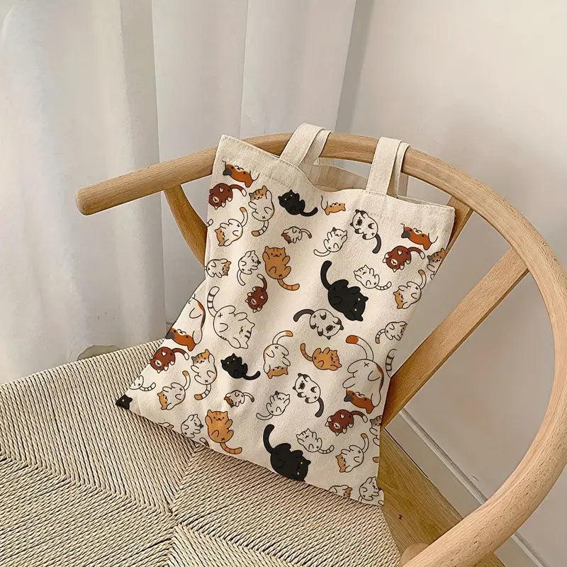 Geantă de mână tip "Tote Bag" din pânză, imprimeu cu pisici