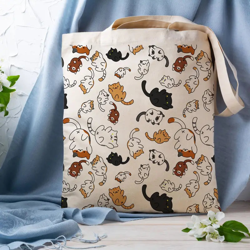 Geantă de mână tip "Tote Bag" din pânză, imprimeu cu pisici